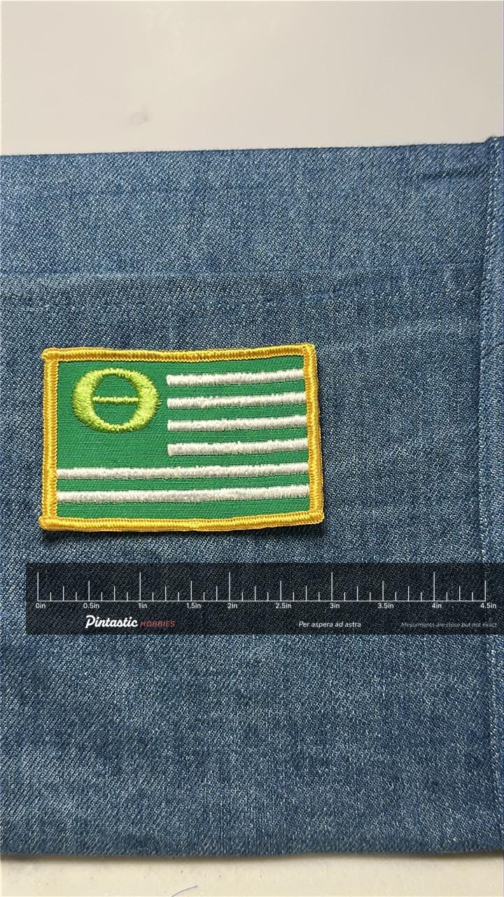 Earth Flag Collectable Patch: Sew-On Green/Yellow - Eco Movement Accessory with ruler overlay for size reference
