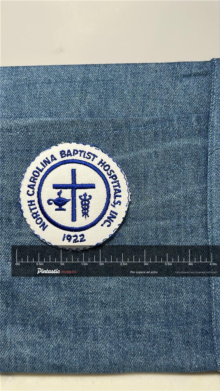 NC Baptist Hospital Collectable Patch: Iron-On Blue White - Medical Accessory with ruler overlay for size reference