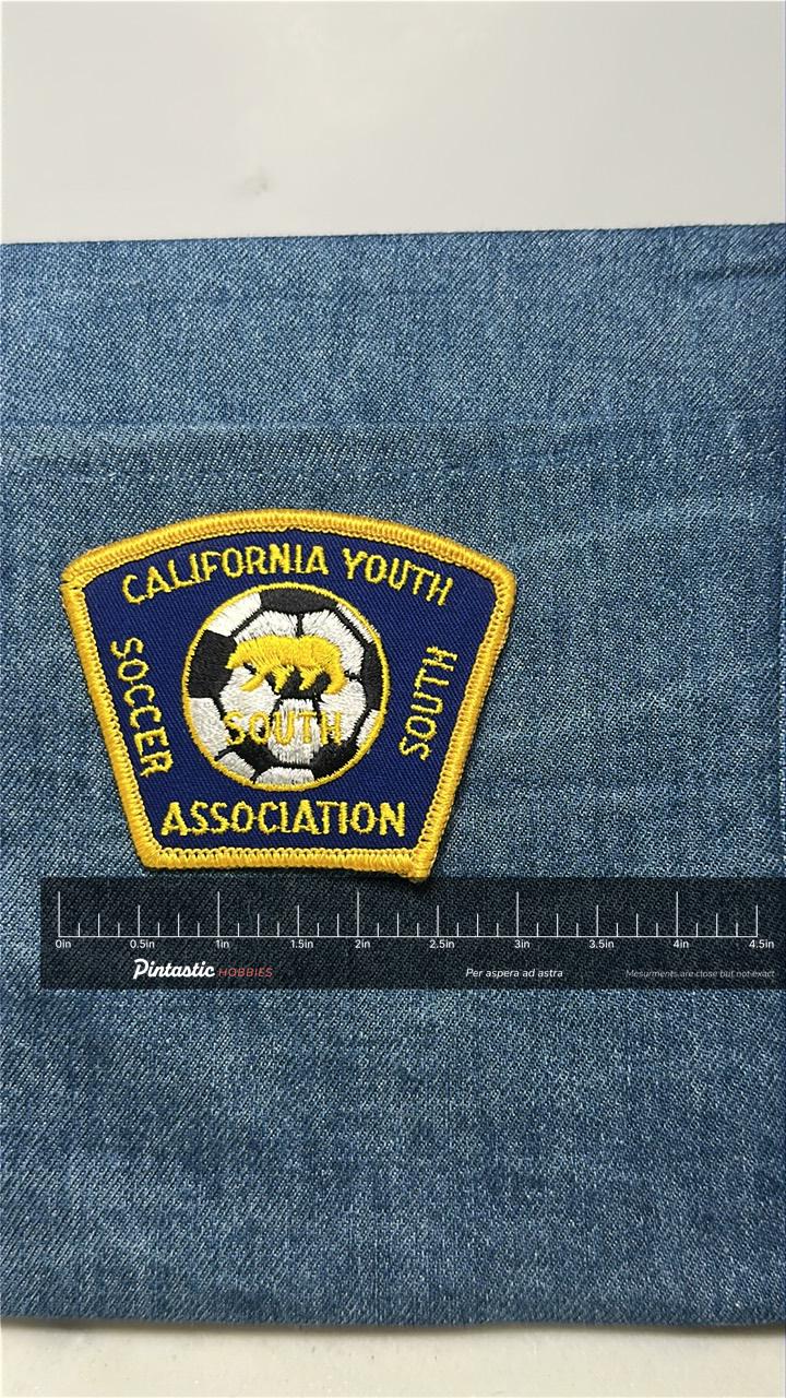 California Youth Soccer Patch: Sew-On Blue & Yellow - Sports Accessory with ruler overlay for size reference