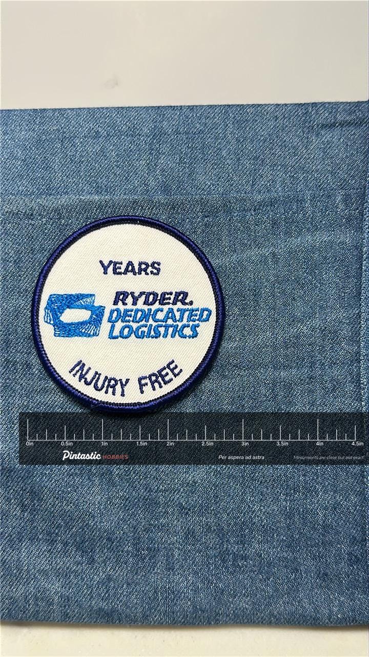 Ryder Logistics Collectable Patch: Iron-On Blue White - Workplace Safety Accessory with ruler overlay for size reference