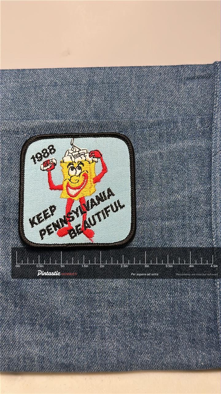 Keep Pennsylvania Beautiful Collectable Patch: Iron-On Cartoon Style - 1988 Accessory with ruler overlay for size reference
