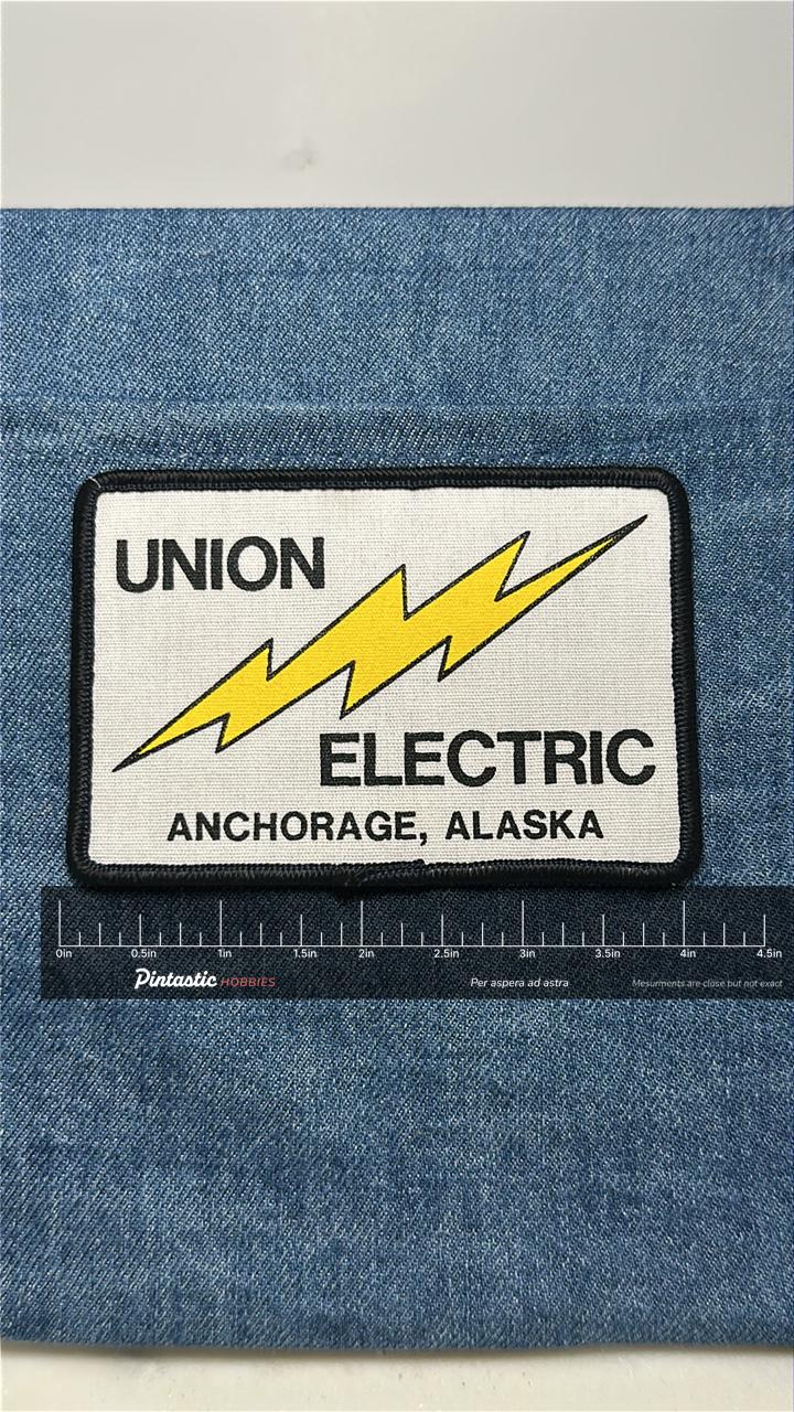 Union Electric Patch: Sew-On Bold Yellow Lightning - Vintage Accessory with ruler overlay for size reference