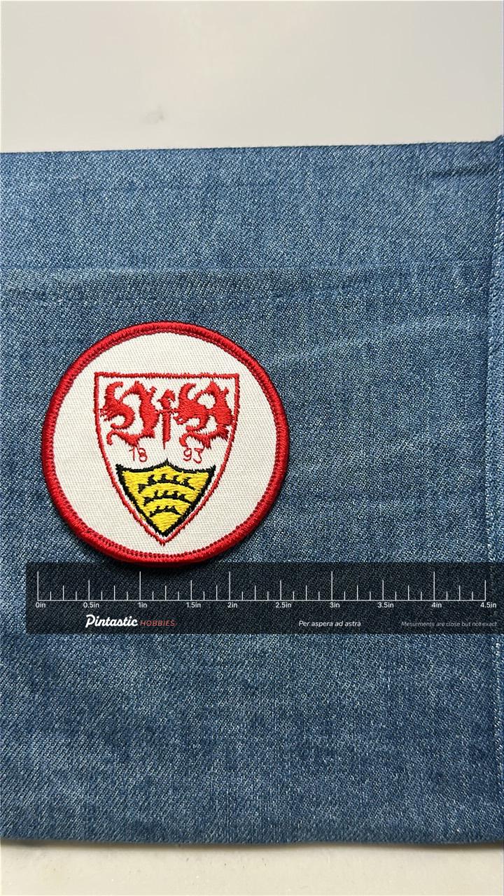 Stuttgart Crest Patch: Iron-On Red & White Shield - Soccer Fan Accessory with ruler overlay for size reference