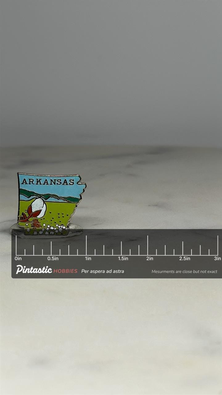 Arkansas State Travel Pin: Colorful Enamel - Vintage Souvenir Accessory with ruler overlay for size reference