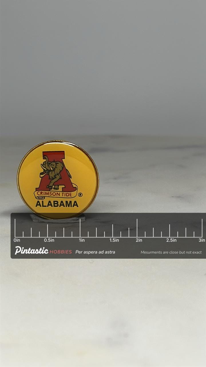 Alabama Crimson Tide Pin: Yellow Enamel Finish - Vintage College Accessory with ruler overlay for size reference