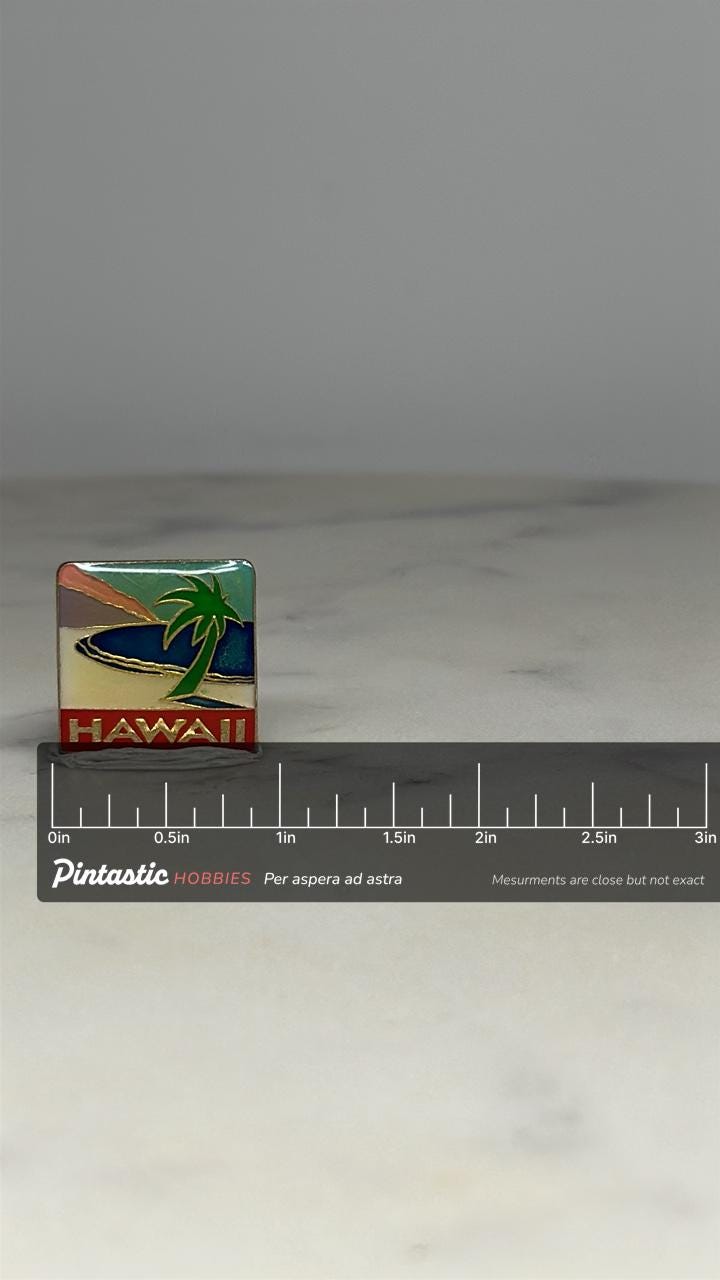 Hawaii Souvenir Pin: Enamel Palm Tree Scene - Retro Travel Accessory with ruler overlay for size reference