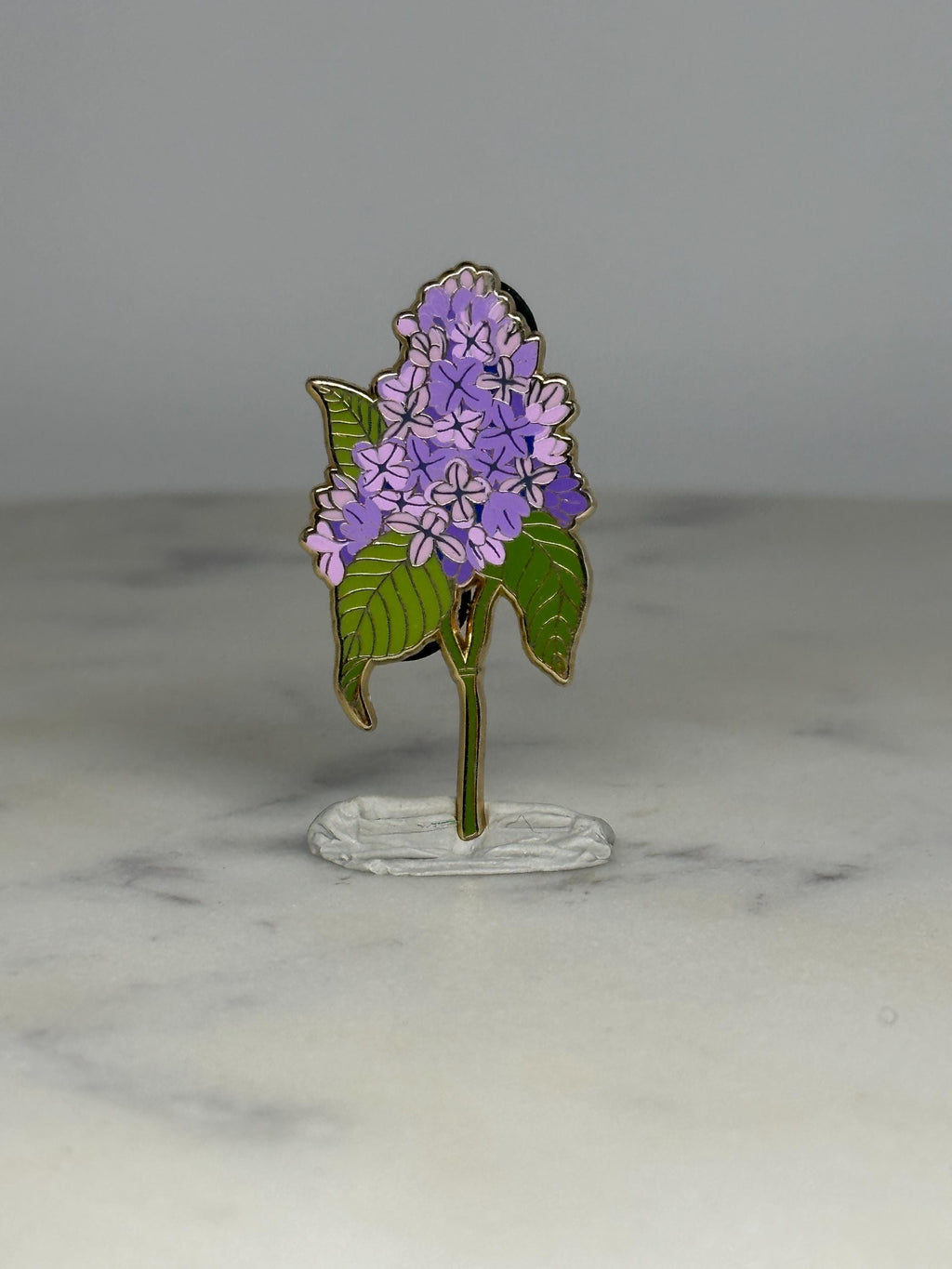 Lilac Flower Enamel Pin: Gold Trim Purple Green - Botanical Accessory