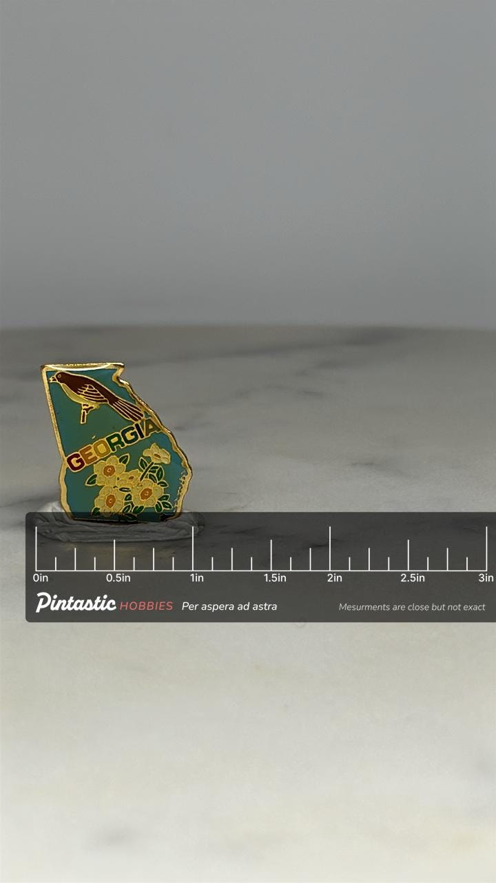 Georgia State Shape Pin: Teal Enamel Gold Trim - Vintage Souvenir Accessory with ruler overlay for size reference