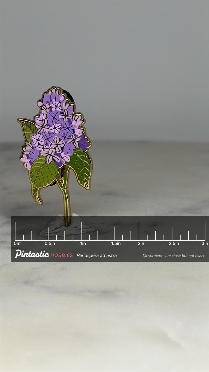Lilac Flower Enamel Pin: Gold Trim Purple Green - Botanical Accessory with ruler overlay for size reference