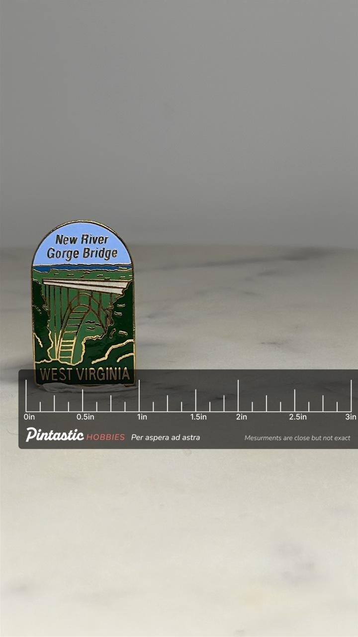 New River Gorge Bridge Pin: Green Enamel - West Virginia Souvenir Accessory with ruler overlay for size reference