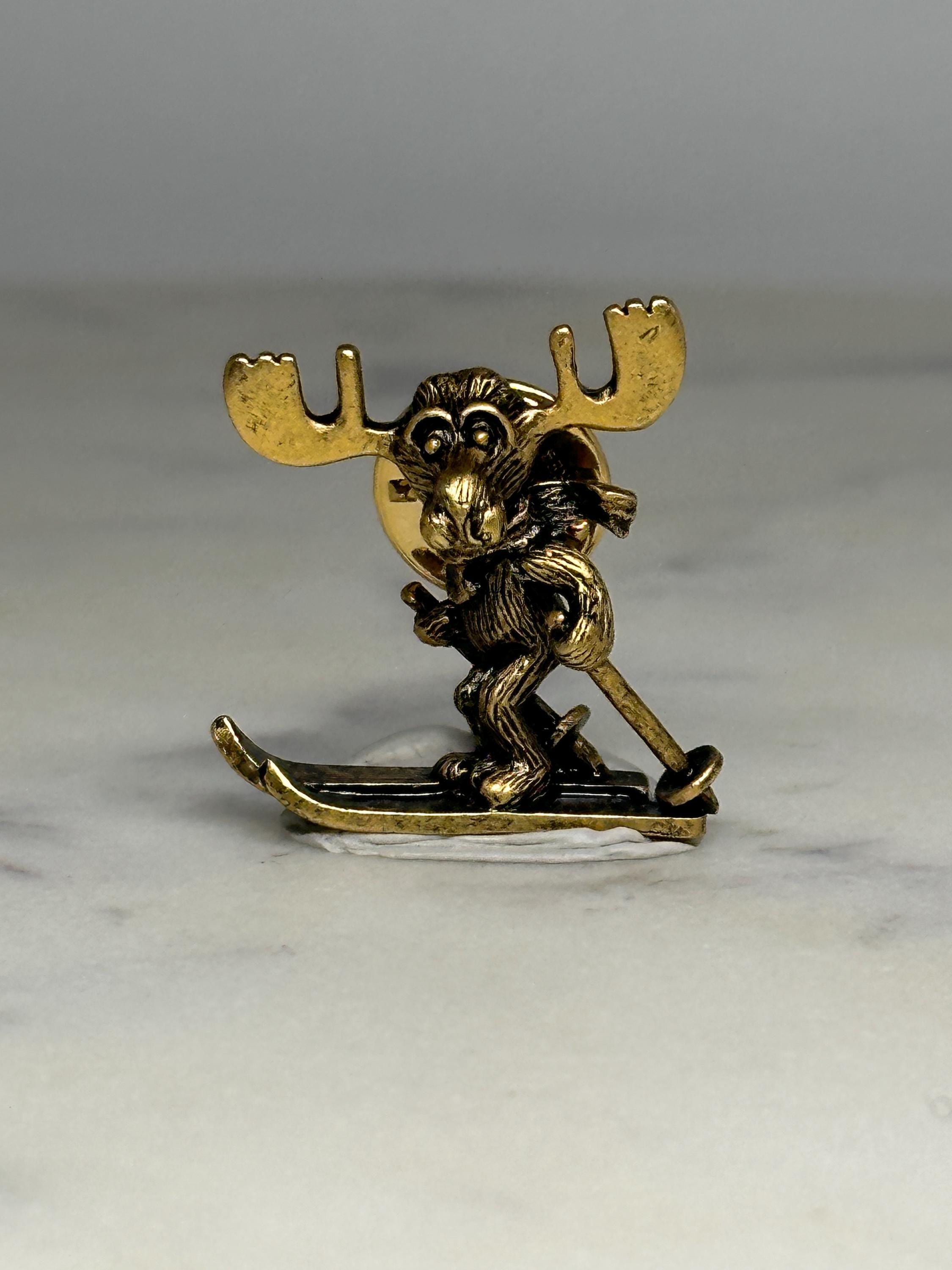 Moose Skiing Pin: Antique Gold Finish - Whimsical Winter Accessory
