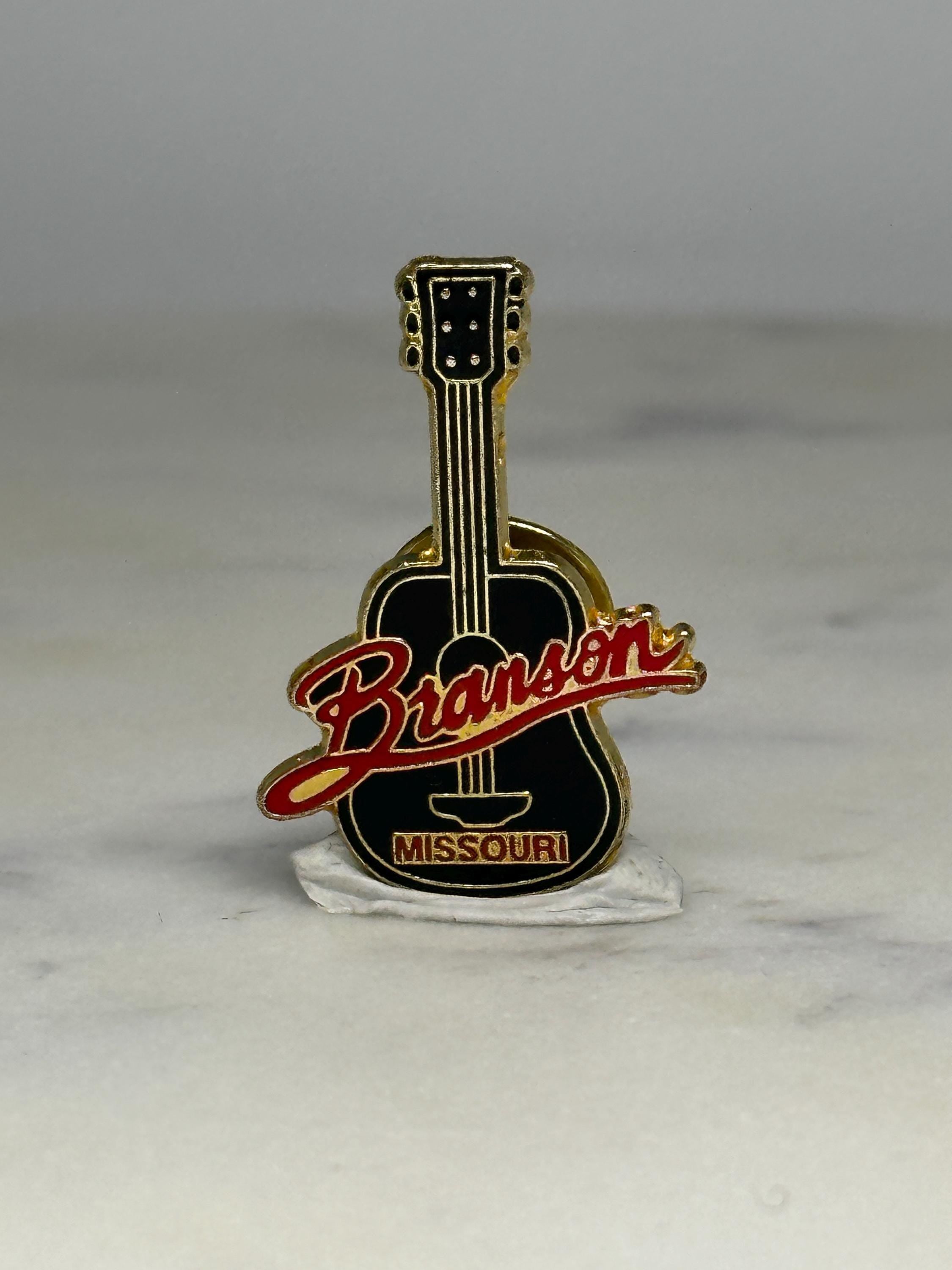 Branson Missouri Guitar Pin: Black Enamel Gold Trim - Travel Souvenir Accessory