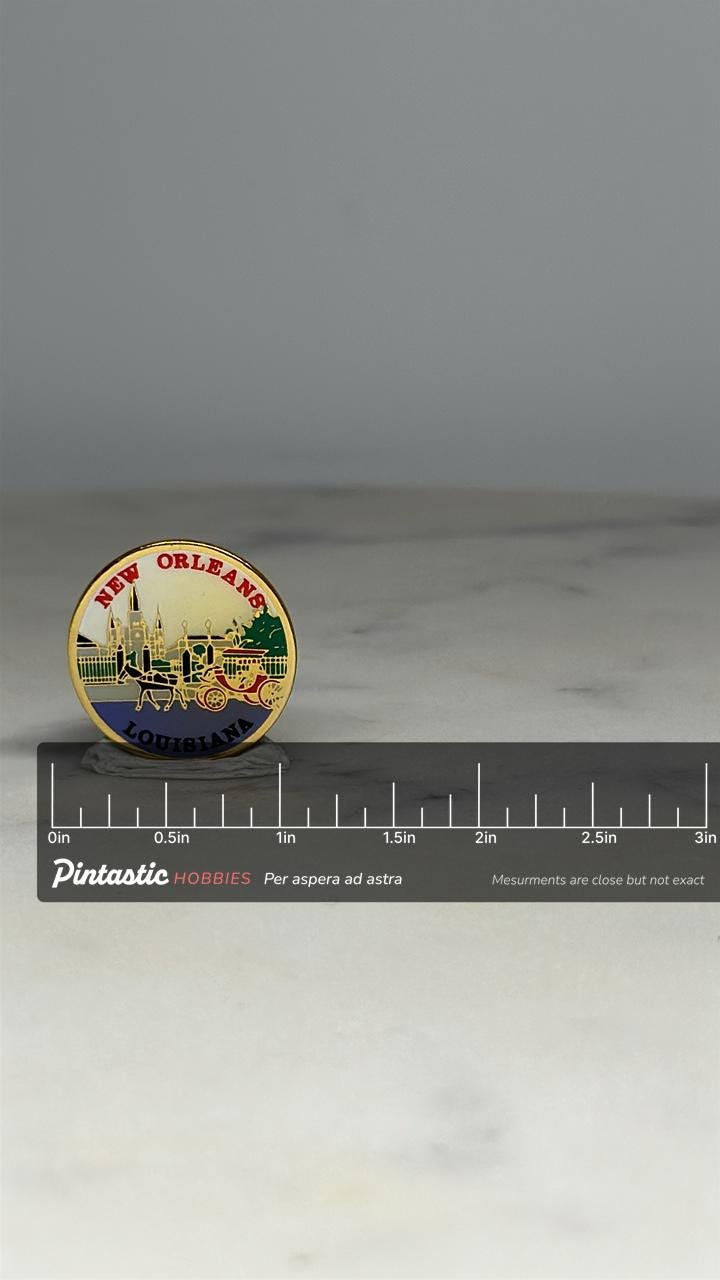 New Orleans Louisiana Souvenir Pin: Multicolor Enamel - Vintage Travel Accessory with ruler overlay for size reference