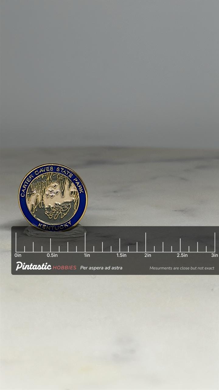 Carter Caves State Park Pin: Blue & Gold Enamel - Nature Travel Souvenir with ruler overlay for size reference