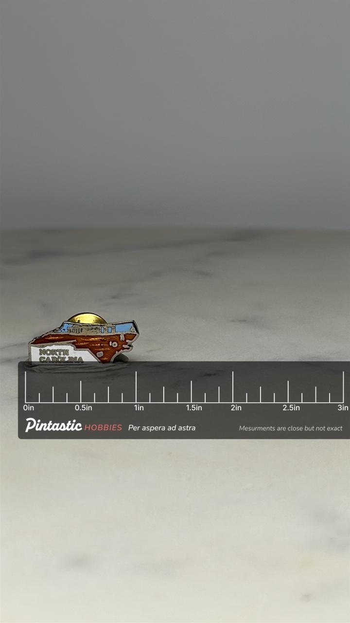 North Carolina State Pin: Brown White Enamel - Vintage Travel Accessory with ruler overlay for size reference