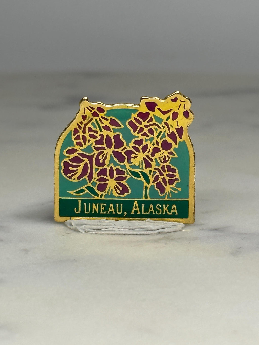 Juneau Alaska Souvenir Pin: Gold Trim Floral - Vintage Travel Accessory