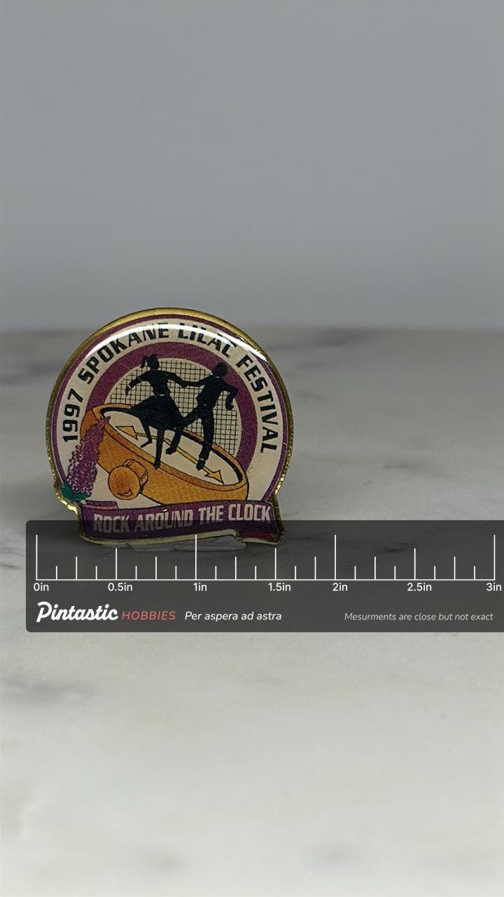 Spokane Lilac Festival Pin: Rock Around the Clock - 1997 Retro Accessory with ruler overlay for size reference