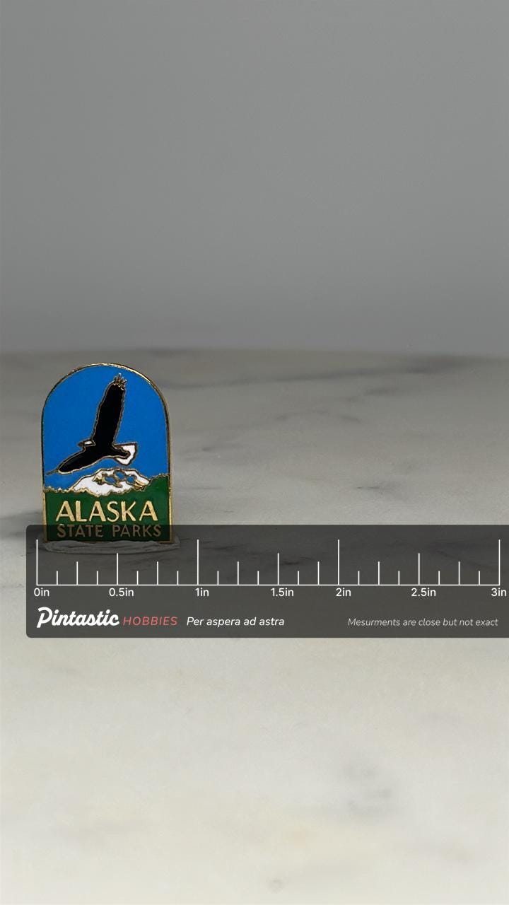 Alaska State Parks Pin: Enamel Bald Eagle Design - Vintage Travel Accessory with ruler overlay for size reference