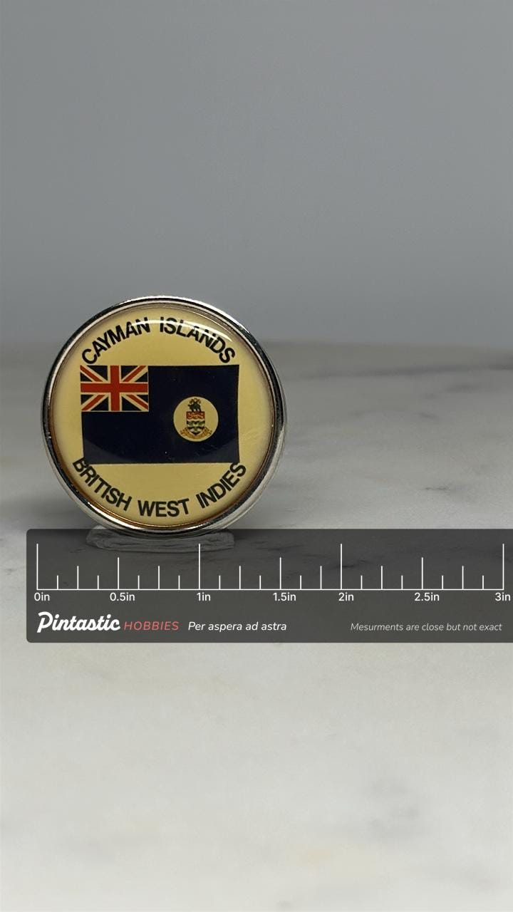 Cayman Islands Flag Pin: Gloss Finish - Vintage Travel Accessory with ruler overlay for size reference