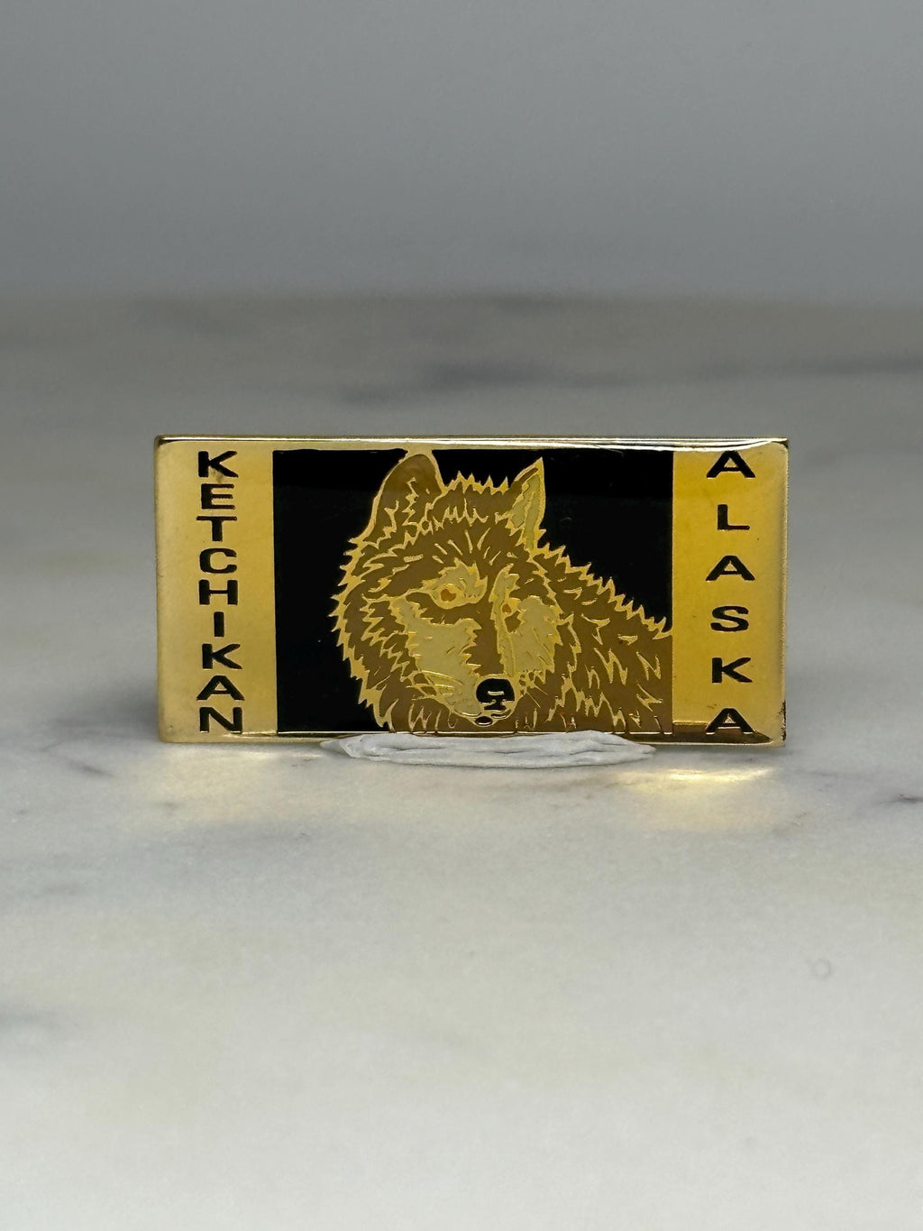 Ketchikan Alaska Wolf Pin: Gold & Black Enamel - Vintage Travel Accessory