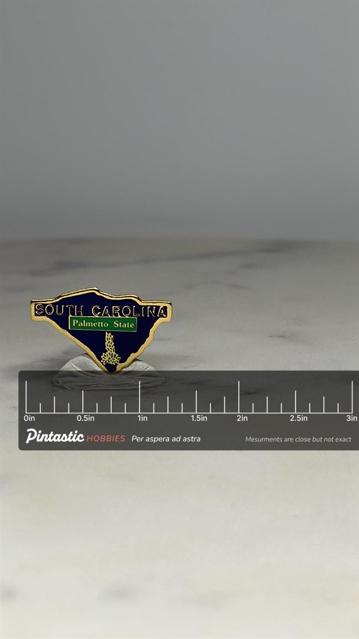 South Carolina State Pin: Navy & Gold Enamel - Vintage Travel Accessory with ruler overlay for size reference
