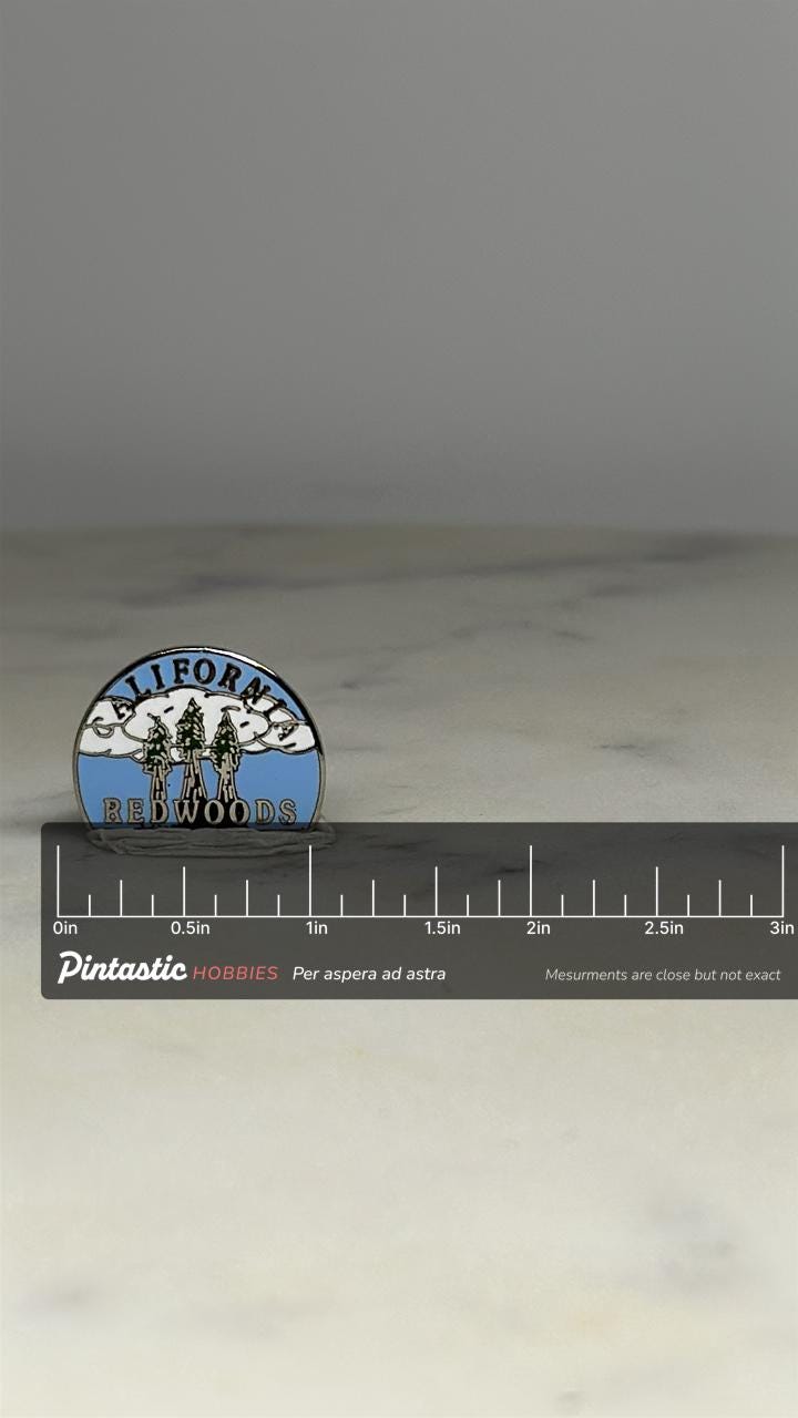 California Redwoods Souvenir Pin: Enamel Tree Design - Retro Nature Accessory with ruler overlay for size reference