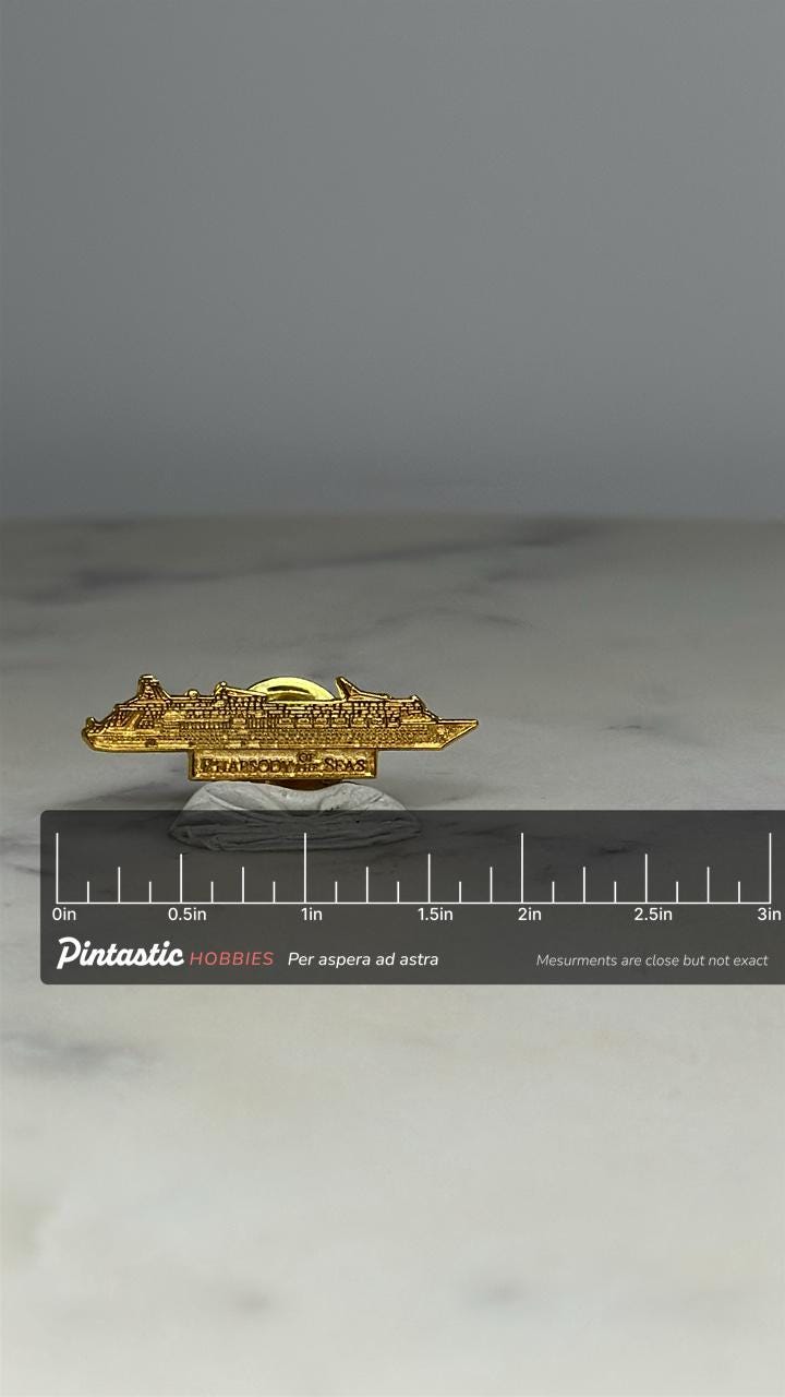 Rhapsody of the Seas Cruise Ship Pin: Gold Tone - Nautical Travel Accessory with ruler overlay for size reference