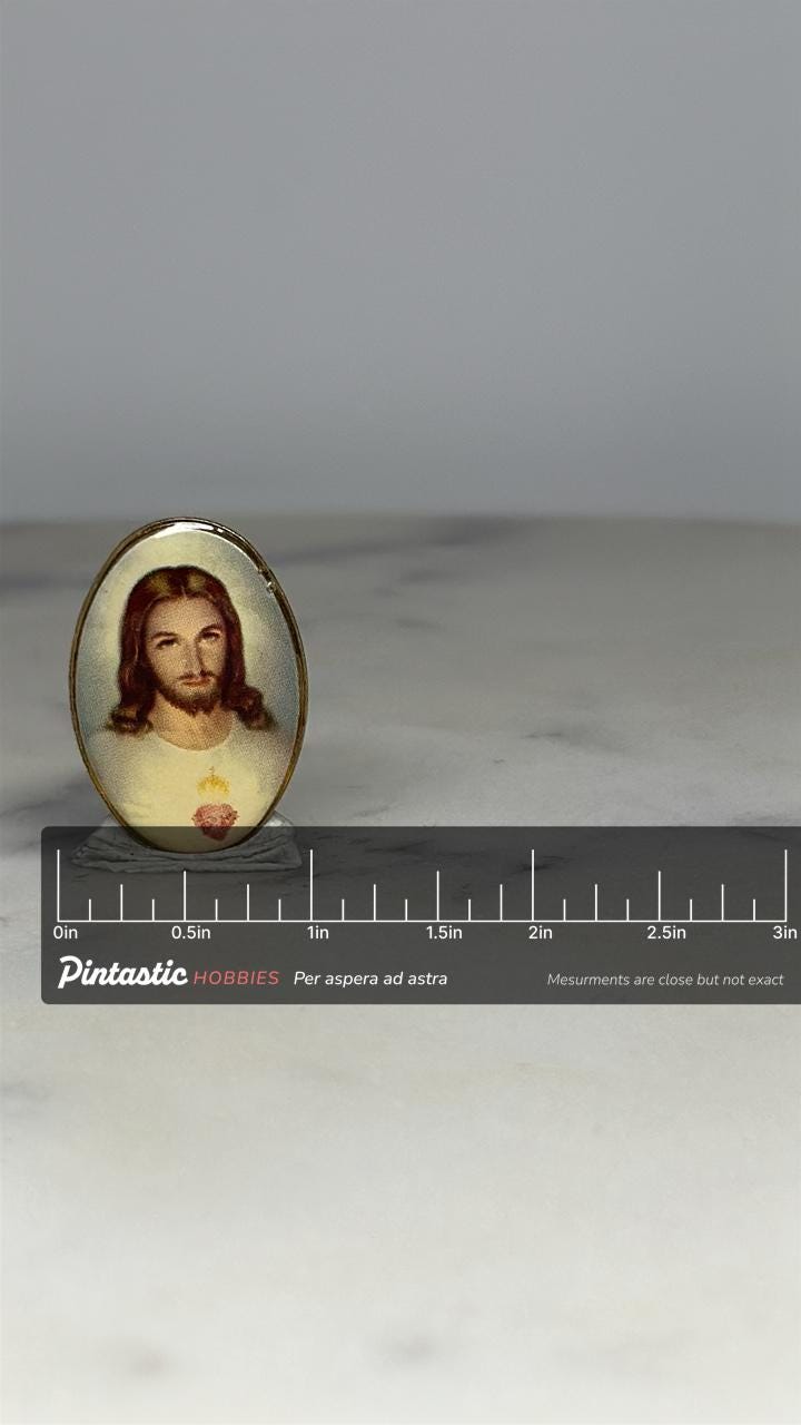 Jesus Sacred Heart Pin: Oval Gold-Tone Enamel - Vintage Religious Accessory with ruler overlay for size reference