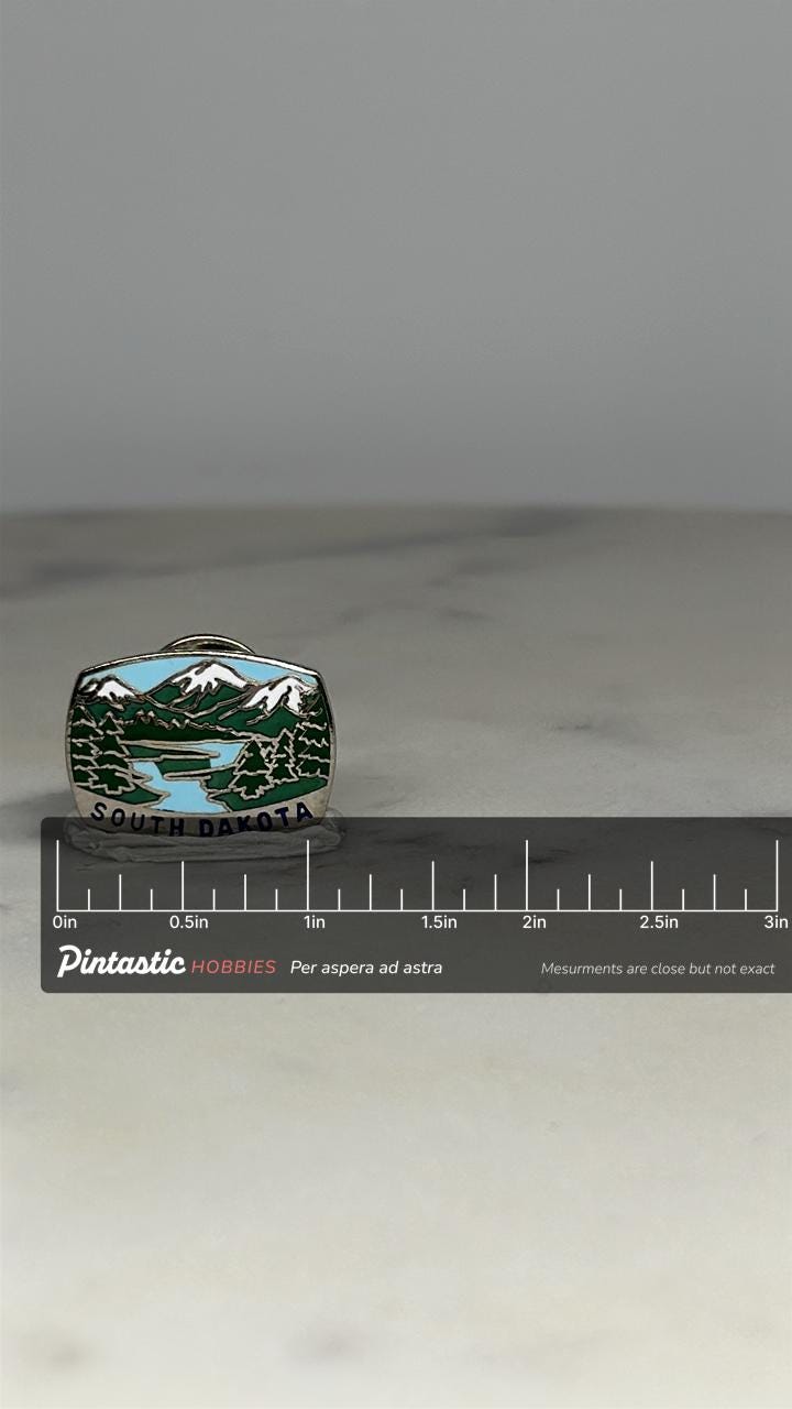 South Dakota Scenic Lapel Pin: Enamel Silver-Tone - Vintage State Accessory with ruler overlay for size reference