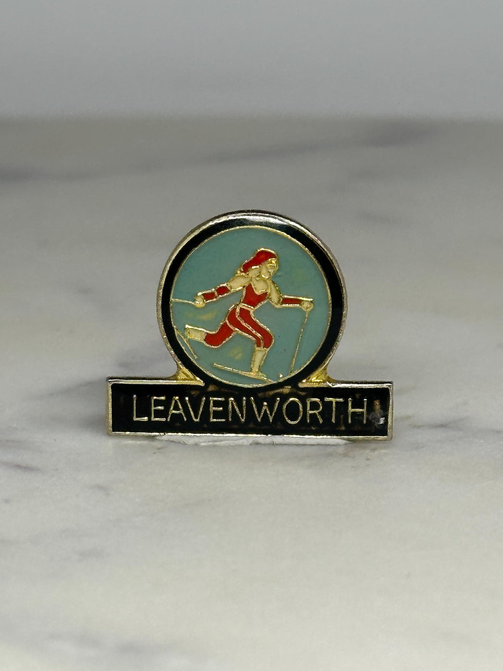 Leavenworth Skiing Pin: Red & Gold Enamel - Vintage Travel Accessory