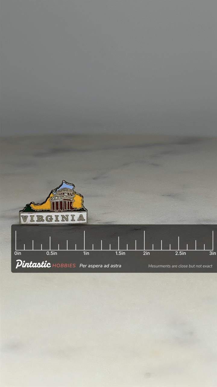 Virginia State Souvenir Pin: Enamel Map Design - Vintage Travel Accessory with ruler overlay for size reference