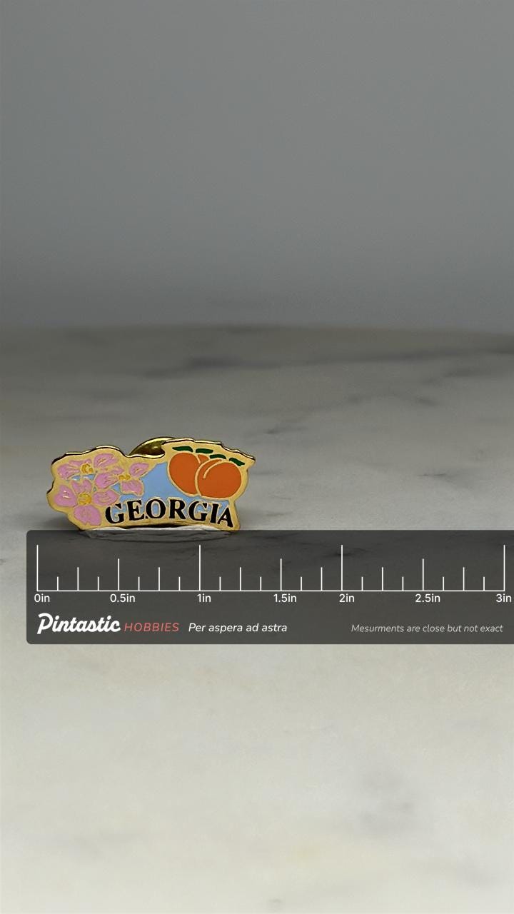 Georgia State Souvenir Pin: Gold Enamel Peaches & Flowers - Vintage Travel Accessory with ruler overlay for size reference