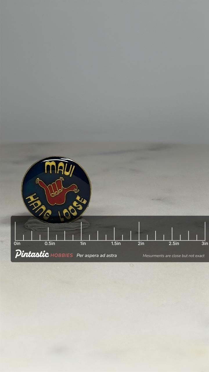 Maui Hang Loose Pin: Red Shaka Hand on Navy - Retro Travel Accessory with ruler overlay for size reference