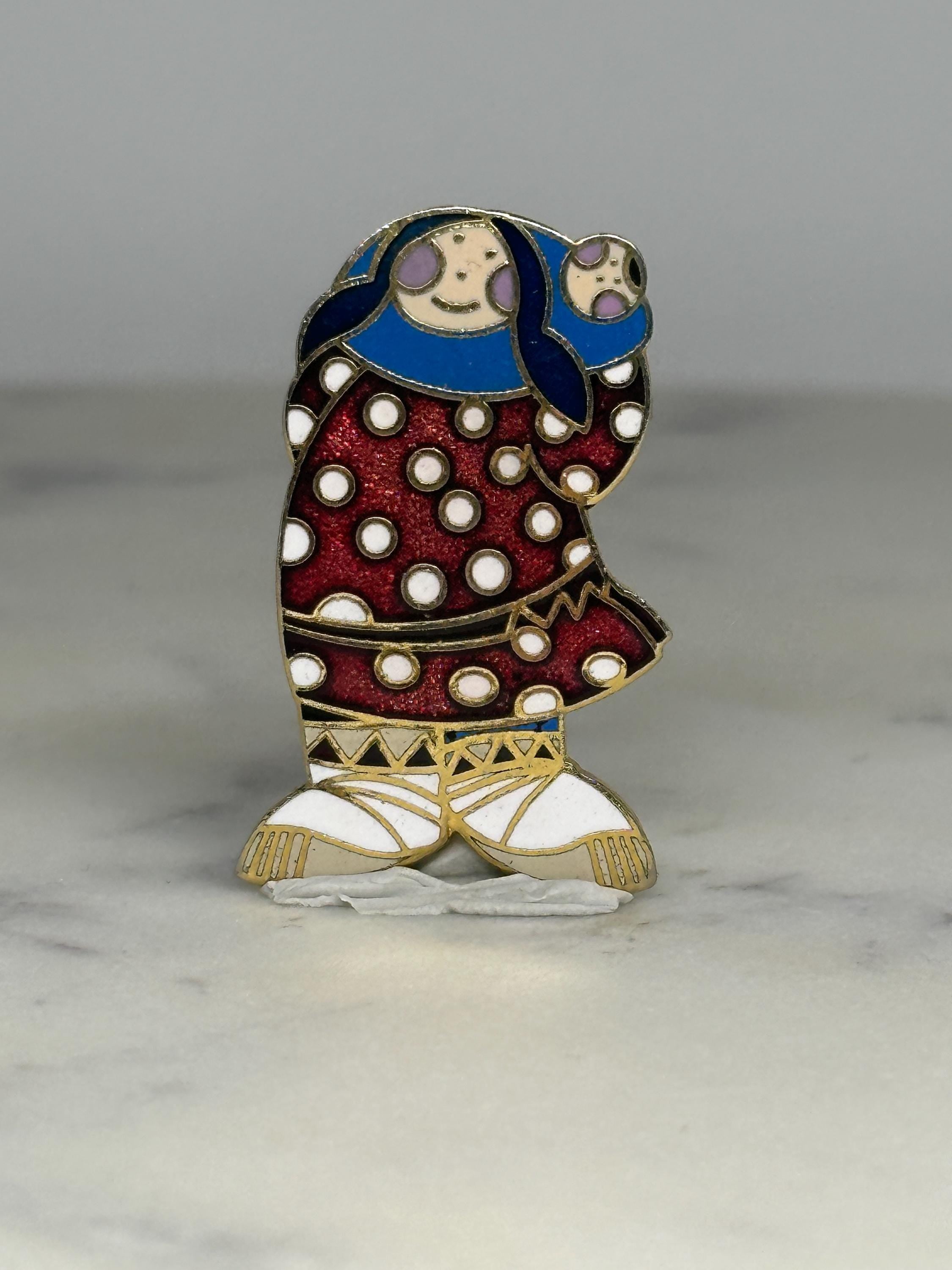 Mother and Child Cloisonné Pin: Red Polka Dot Enamel - Folk Art Accessory