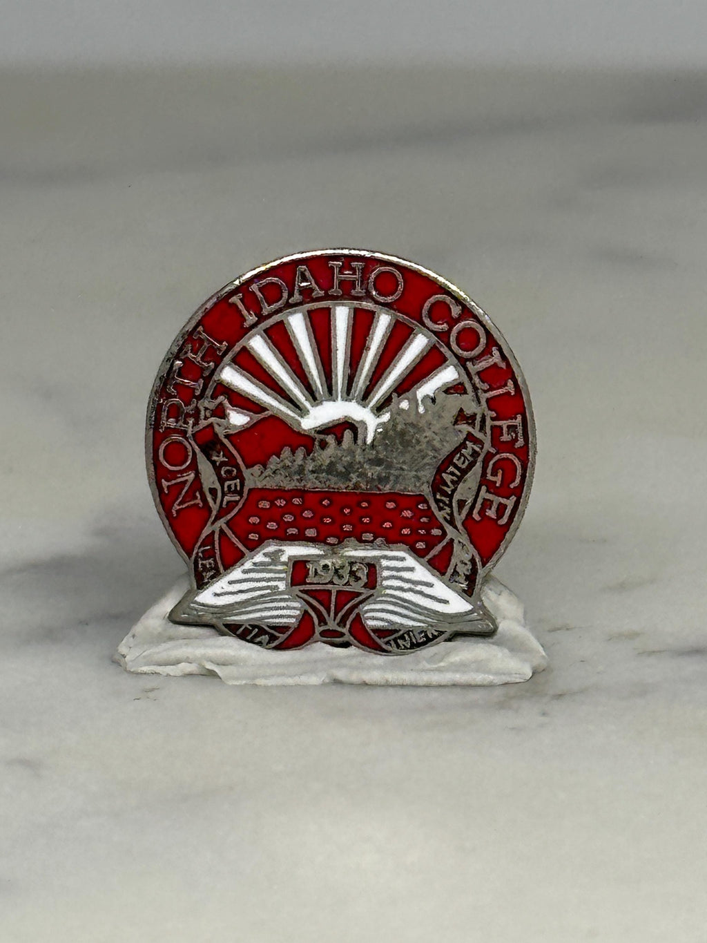 North Idaho College Pin: Red Enamel Pewter - 1983 Vintage Accessory