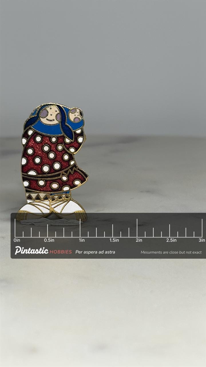 Mother and Child Cloisonné Pin: Red Polka Dot Enamel - Folk Art Accessory with ruler overlay for size reference
