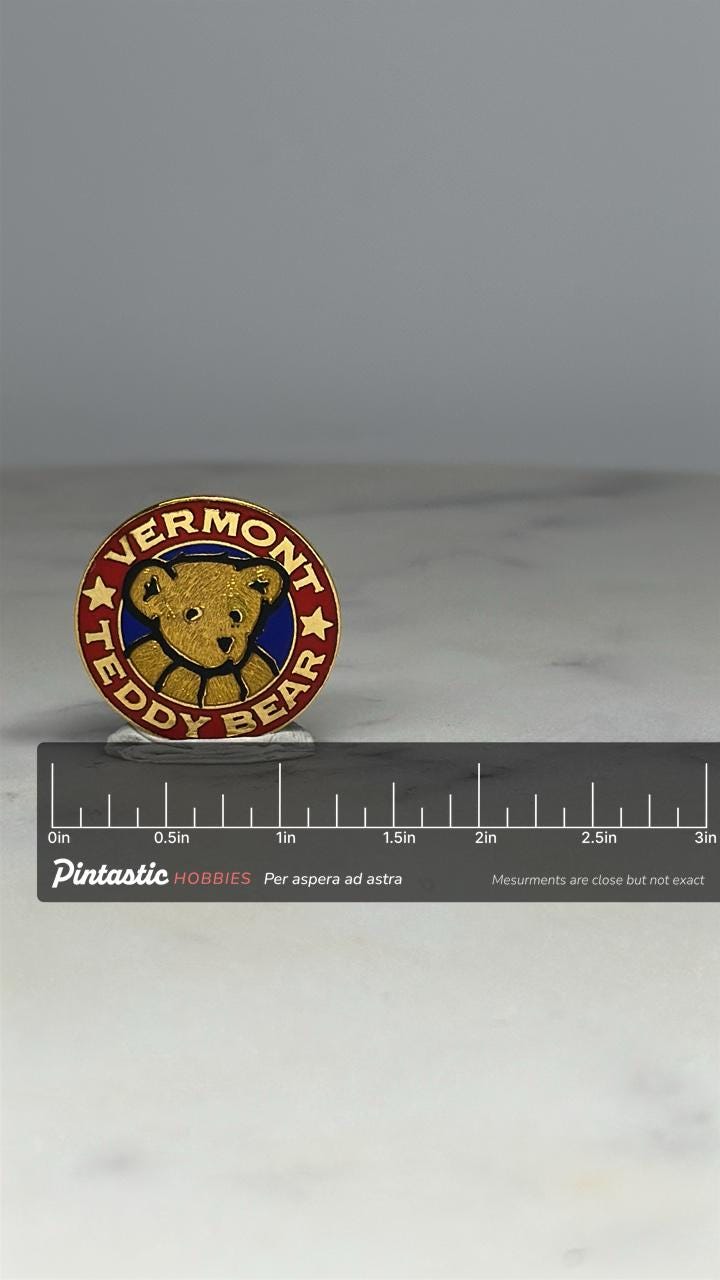 Vermont Teddy Bear Pin: Red & Gold Enamel - Vintage Collectible Accessory with ruler overlay for size reference