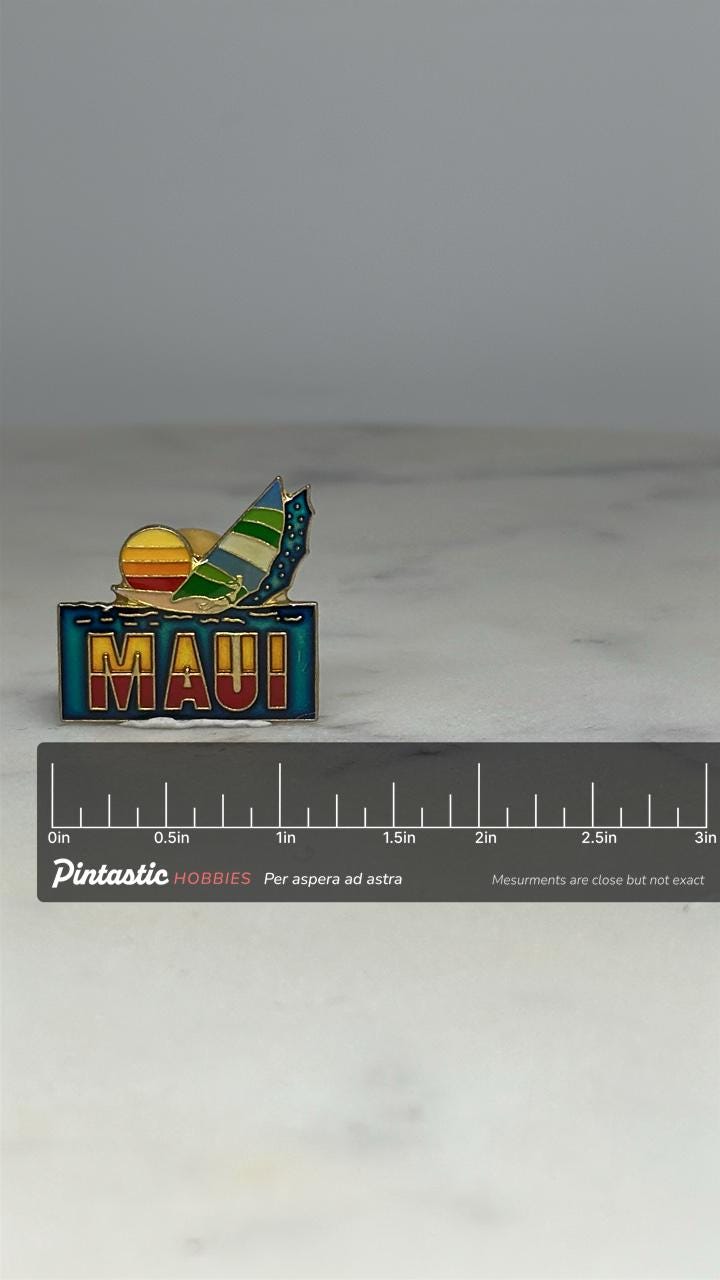 Maui Souvenir Pin: Enamel Surf & Sunset - Vintage Travel Accessory with ruler overlay for size reference