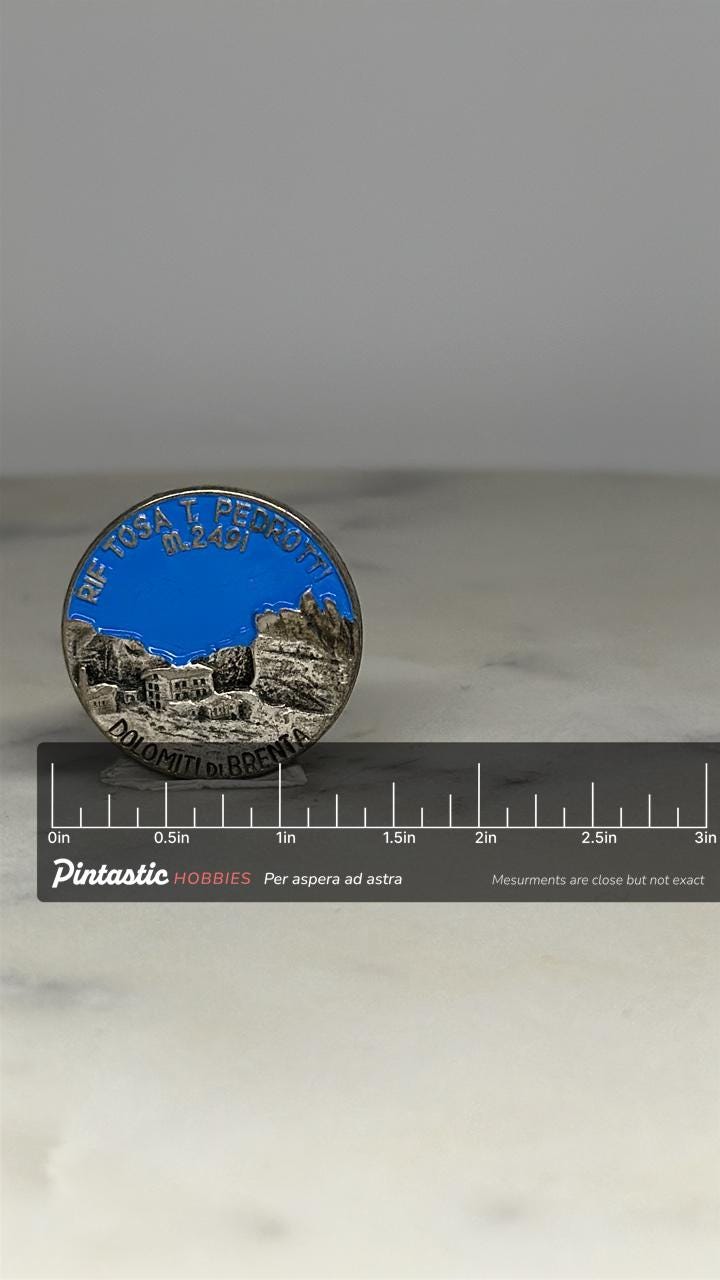Dolomiti di Brenta Souvenir Pin: Silver Enamel - Vintage Travel Accessory with ruler overlay for size reference