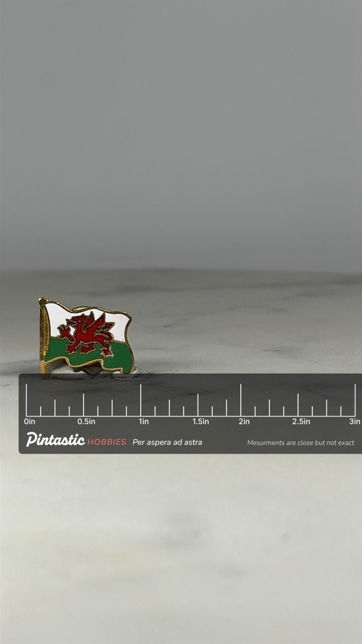 Welsh Flag Lapel Pin: Red Dragon Enamel Gold Tone - Vintage Travel Accessory with ruler overlay for size reference