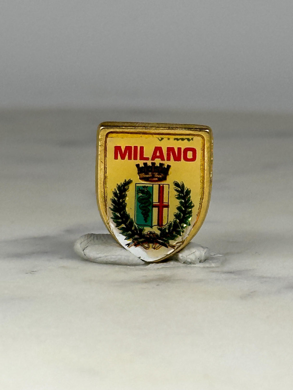 Milano Shield Pin: Gold Enamel Crest - Vintage Travel Accessory