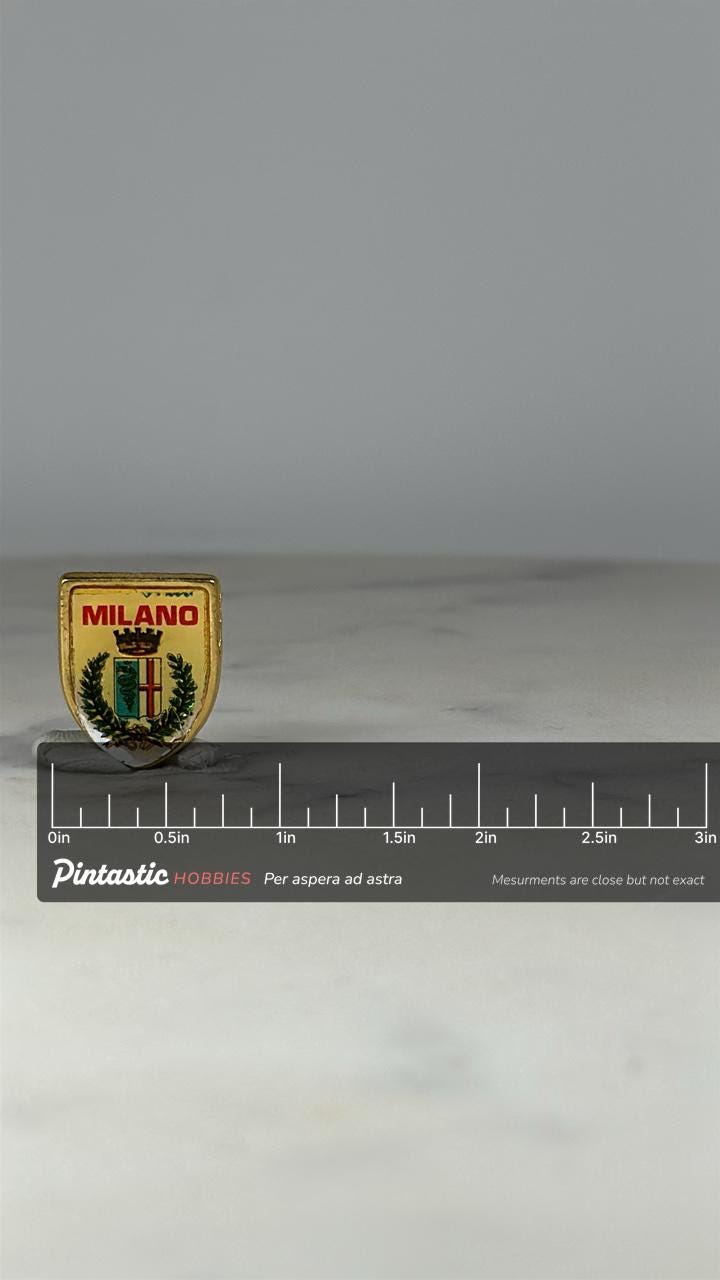 Milano Shield Pin: Gold Enamel Crest - Vintage Travel Accessory with ruler overlay for size reference