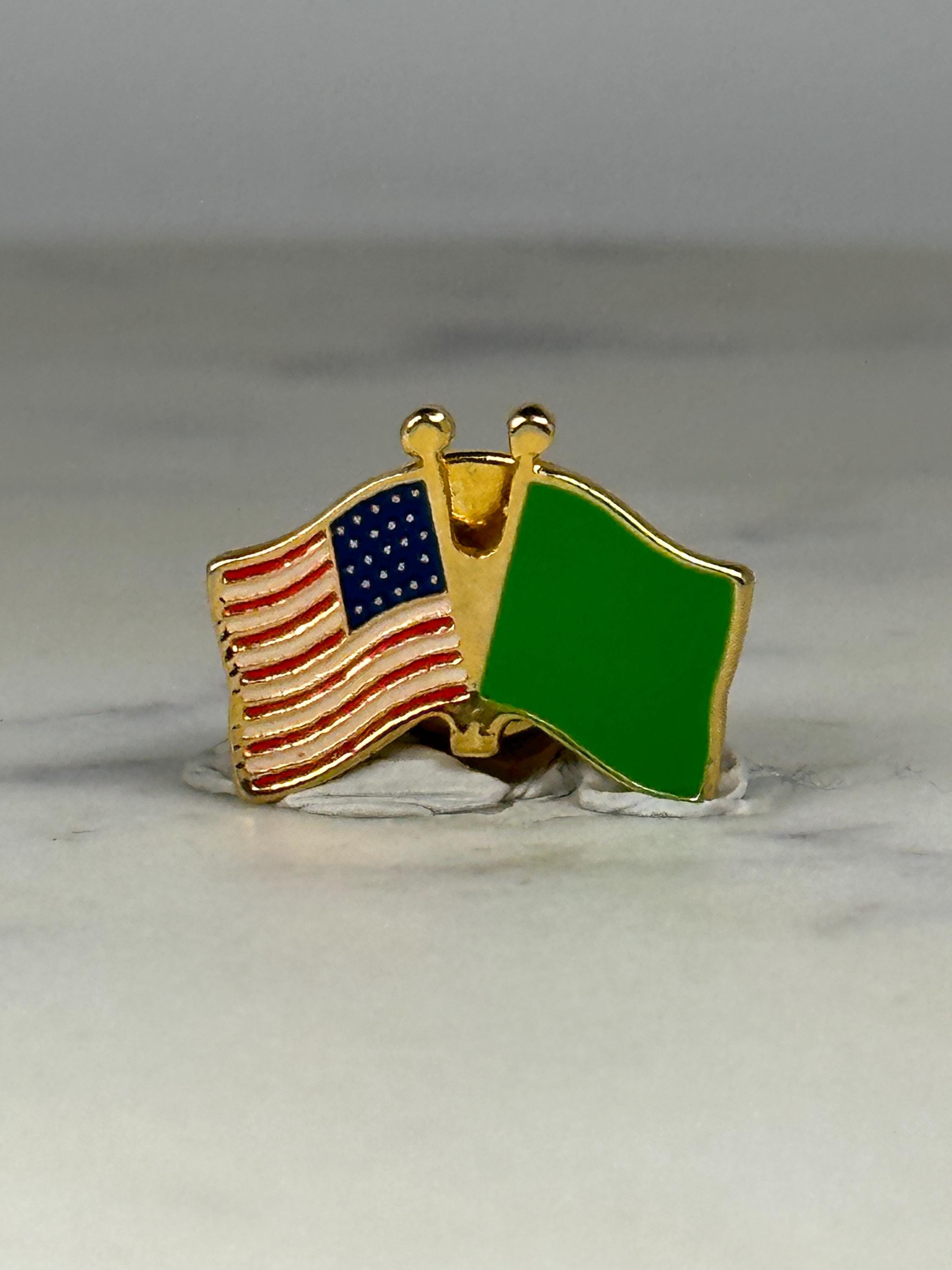 USA & Green Flag Enamel Pin: Gold Tone - International Friendship Accessory