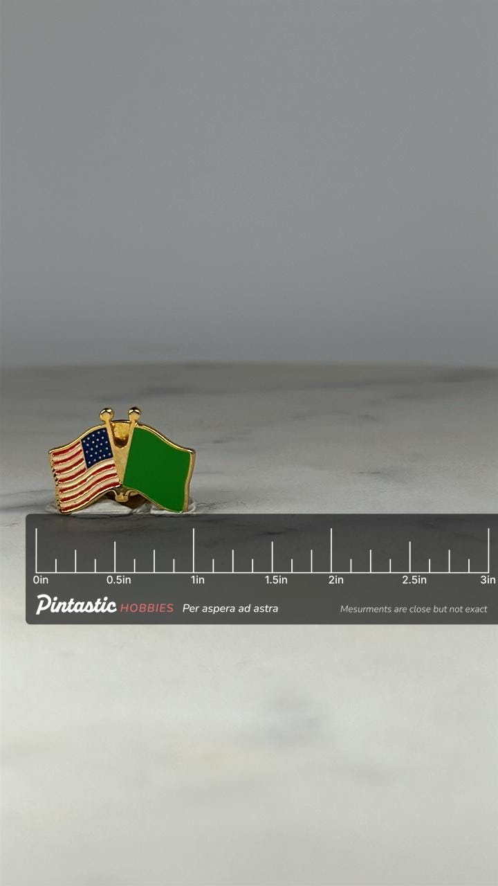 USA & Green Flag Enamel Pin: Gold Tone - International Friendship Accessory with ruler overlay for size reference