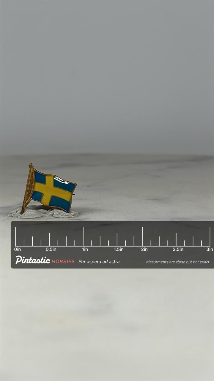 Sweden Flag Pin: Gold-Tone Enamel - Vintage Patriotic Accessory with ruler overlay for size reference