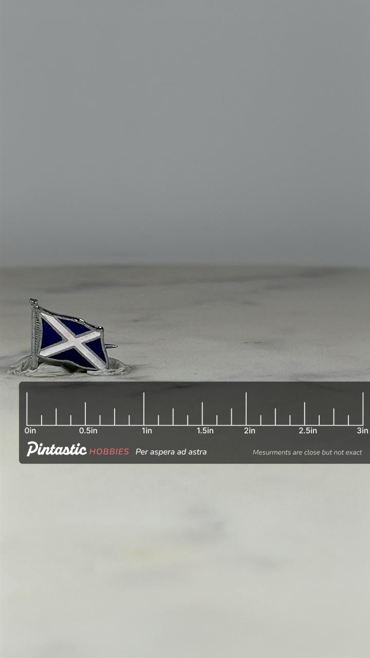 Scotland Flag Pin: Silver & Blue Enamel - Vintage Travel Accessory with ruler overlay for size reference