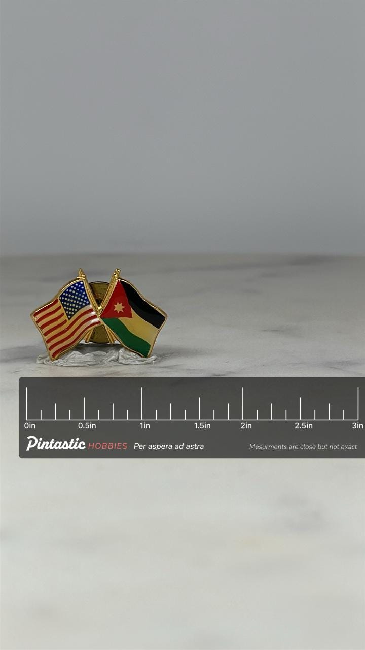 USA Jordan Flag Pin: Gold Enamel Crossed Flags - Diplomatic Accessory with ruler overlay for size reference