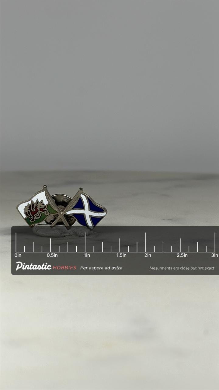 Wales and Scotland Flag Pin: Enamel Crossed Flags - Patriotic Accessory with ruler overlay for size reference