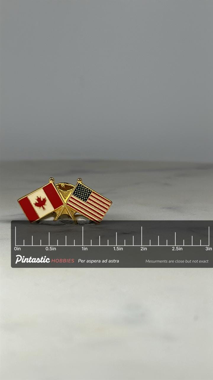 USA Canada Flags Pin: Gold Tone Enamel - Patriotic Friendship Accessory with ruler overlay for size reference