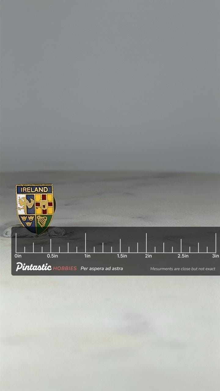 Ireland Crest Shield Pin: Gold Enamel Finish - Vintage Travel Accessory with ruler overlay for size reference